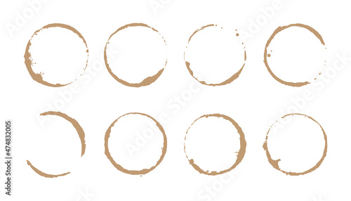 Coffee stain ring set. Vector illustration. Drink stain stamp with round shape and splash element. Coffee cup bottom circle effect.