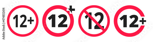 Over 12 years old plus forbidden round icon sign vector illustration set. Twelve or older persons adult content 12 plus only rating isolated on white background.