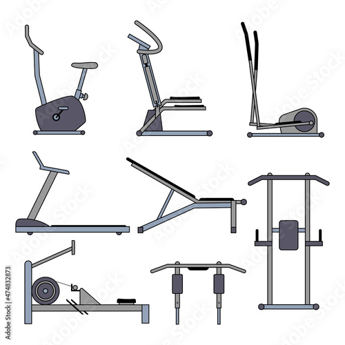 Fitness and gym equipment, exercise machine. Set of vector illustration. Exercise bike, weight and workout bench, elliptical trainer, wall horizontal bar, treadmill, stepper, rowing machine.  