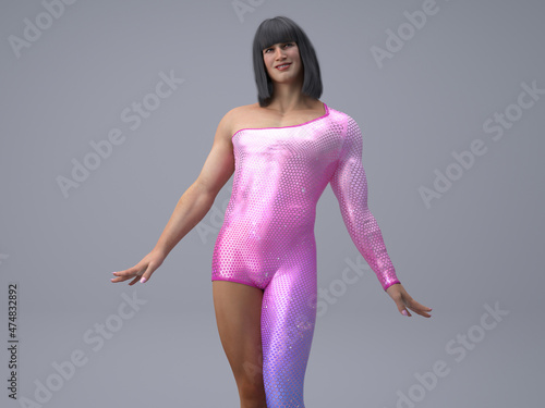 3D Render : Portrait of a transgender woman with shiny sparkling pink colour costume. A self confident transgender woman with lively body posture in the grey studio background photo