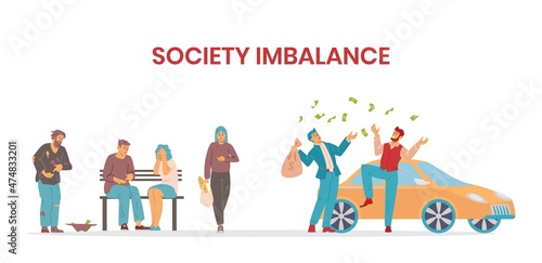 Rich woman in luxury clothes with shopping bags and poor woman who lacks money on food, flat vector illustration isolated on white background. Social gap and inequality.