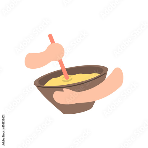 illustration of people's hands mixing bread dough in a bowl using the manual method. making cake. flat cartoon style. vector design. can be used for elements, landing pages, UI.