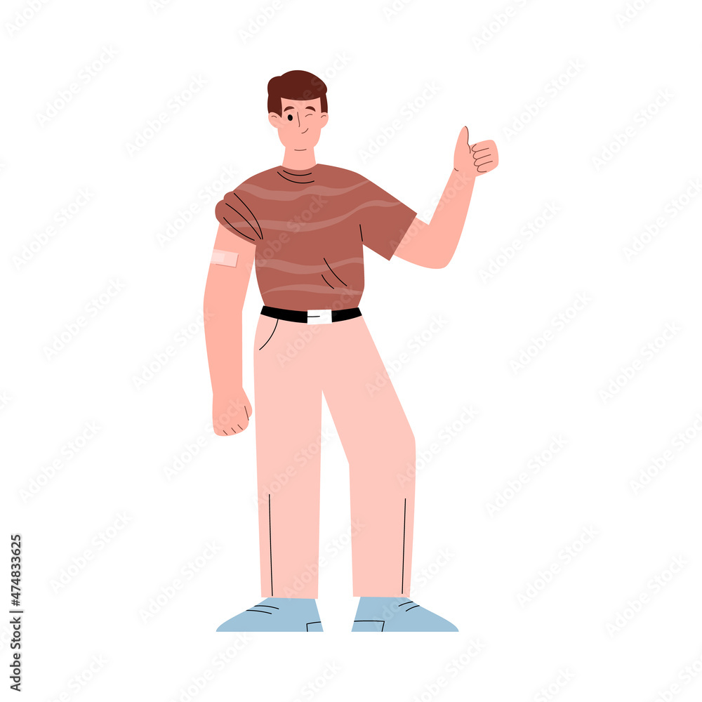 Fototapeta premium Happy vaccinate man after antiviral injection flat vector illustration isolated.