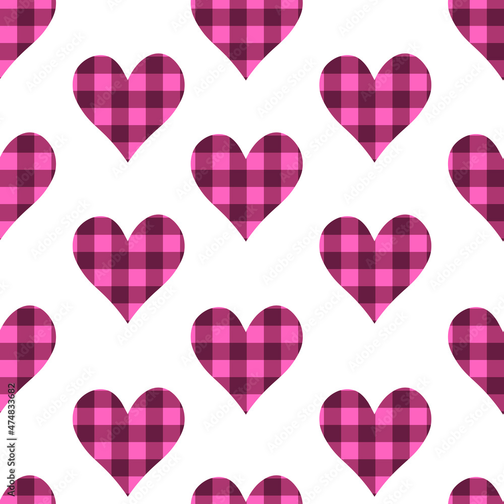 Seamless pattern hearts pink buffalo plaid vector illustration	