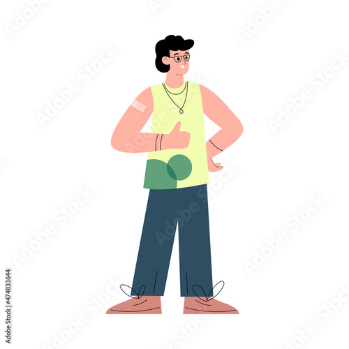 Man got vaccinated and stand full body with band aid patch on his shoulder and his thumb up cartoon flat vector poster.