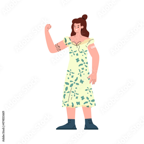 Woman in dress get vaccinated and has patch oh her shoulder after vaccine shot, COVID or flu virus inoculation vector.