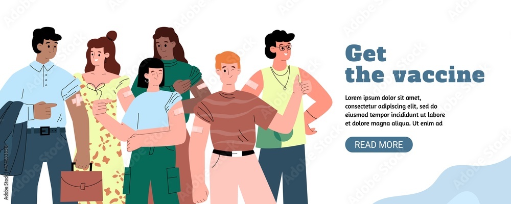 Fototapeta premium Vaccination coronavirus COVID-19 or flu banner, flat vector illustration.