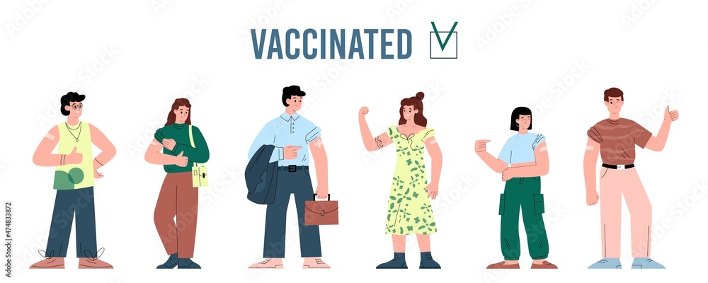 Vaccinated young people who received COVID-19 flat vector illustration isolated.