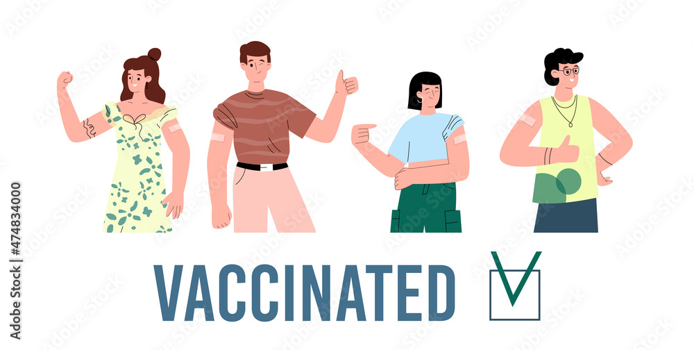 Vaccinated happy people group flat cartoon vector illustration isolated on white. Vaccinated happy people group flat cartoon vector illustration isolated on white.