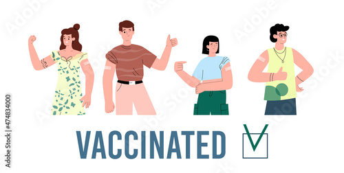 Vaccinated happy people group flat cartoon vector illustration isolated on white.