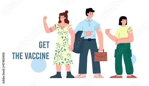 Vaccination website banner with vaccinated people, flat vector illustration.