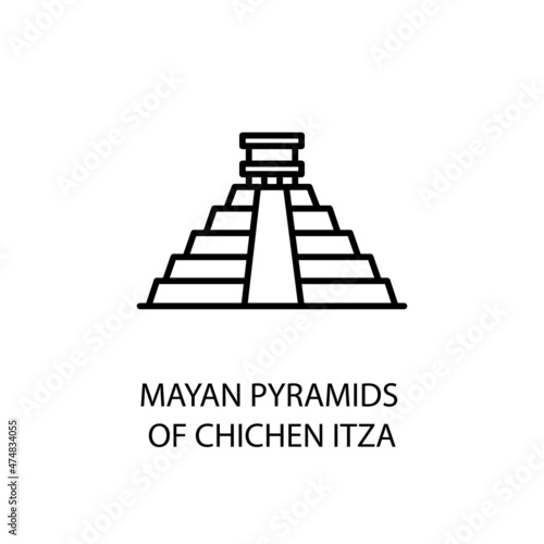 Mayan, Pyramids, Chichen Itza Outline Illustration in vector. Logotype