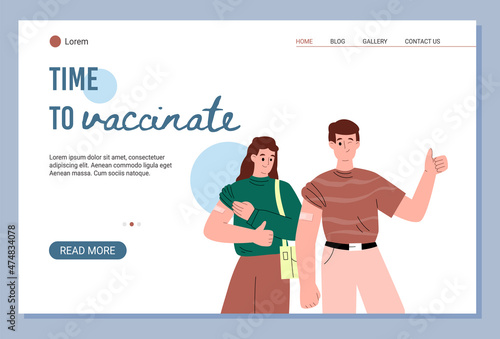 Young couple get vaccinated against coronavirus. Vaccinated man shows thumbs-up sign.