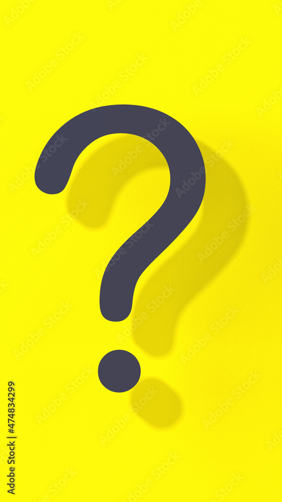 Naklejka premium Question mark with shadow on yellow background. Technical support. Answers to questions. Vertical image. 3d image. 3D rendering.