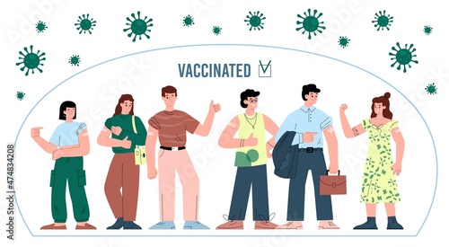 Vaccinated against Covid-19 people on website page, flat vector illustration.