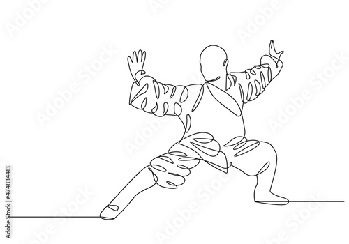 Ninja Minimalist One Line Drawing. Kung Fu Line Art Trendy Illustration. Male Lifestyle Modern Minimalist Drawing. Martial Arts One Line Illustration. Vector EPS 10
