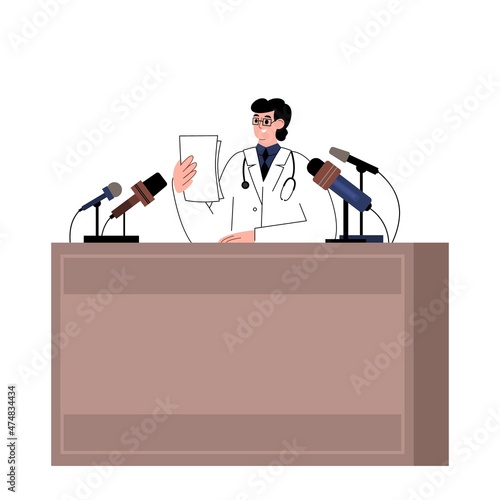 Medicine Doctor make announcement at healthcare press conference. Doctor read news to microphone, vector illustration