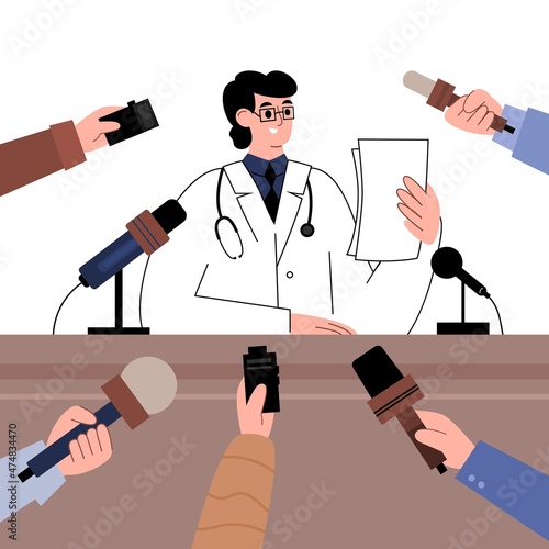 Press conference with doctor on medicine theme, flat vector illustration.