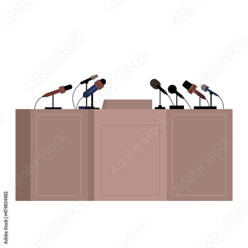 Press conference rostrum with microphones, flat vector illustration isolated.