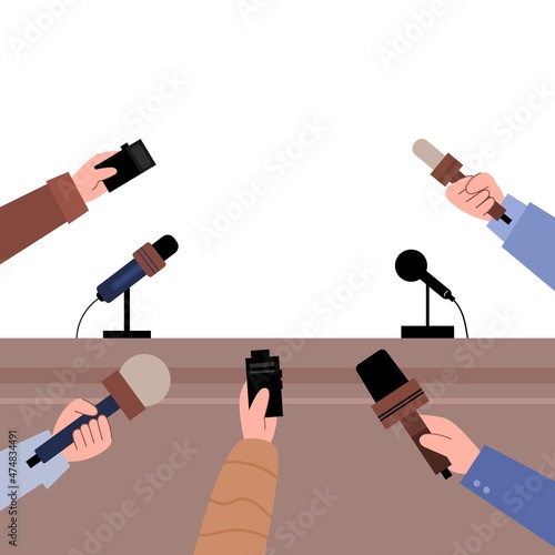 Hands of correspondents with microphones, flat vector illustration isolated.