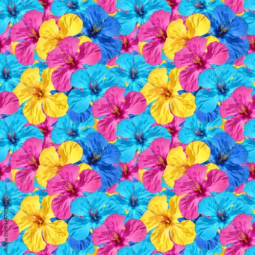 Hibiscus. Illustration, texture of flowers. Seamless pattern for continuous replication. Floral background, photo collage for textile, cotton fabric. For wallpaper, covers, print.