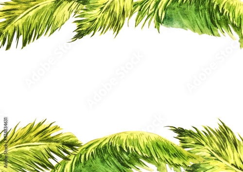 Watercolor banner with green palm leaves