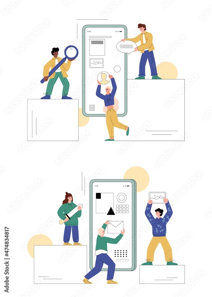 UI UX designers create interface wireframe, flat vector illustration isolated.