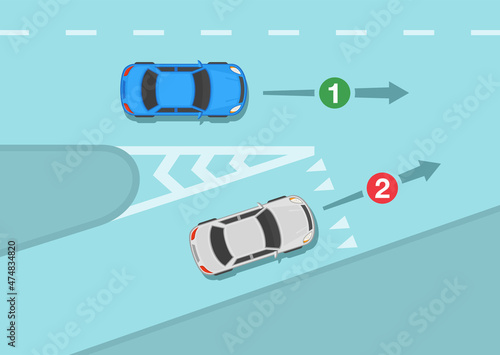 Driving a car. Safety driving and traffic regulating rules. Merging onto the highway. White sedan car gives way to vehicles on motorway. Flat vector illustration template.