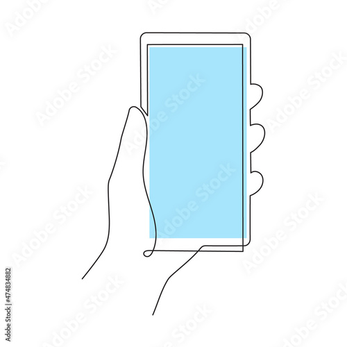 Hand holding smartphone one line art, continuous contour. Mobile device with blank screen.Doodle, sketch style, minimalist design. Editable stroke. Isolated. Vector illustration