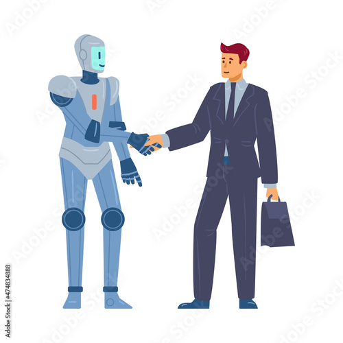 Businessman and robot partners handshaking, flat vector illustration isolated.