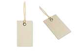 Blank Kraft paper tag tied for hang on product for show price or discount isolate on white background with clipping path. 3d rendering.