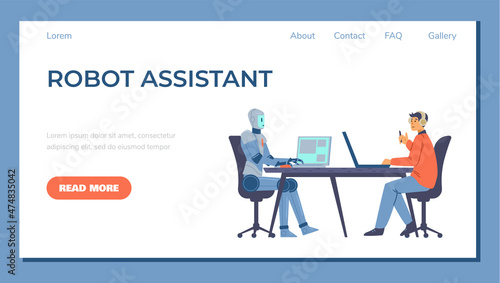 Futuristic robot with laptop assists man in the office, landing page template - flat vector illustration.