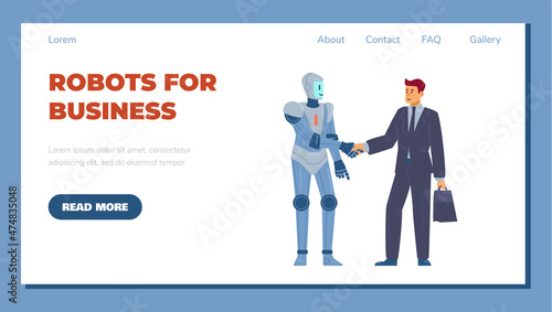 Smart robots for buiseness, handshake between android with ai and businessman