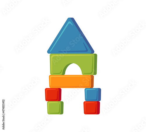 Towers of children toy blocks. Multicolored kids bricks for building and playing. Education toys for preschool kids for early childhood development. Vector illustrations on white background