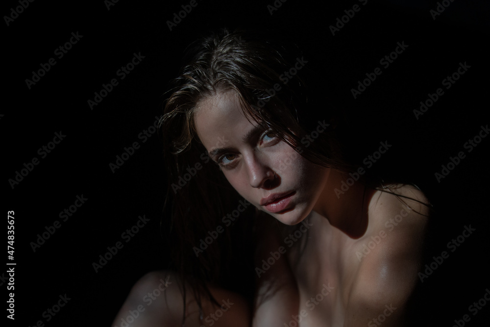 Tender girl, tenderness. ortrait of beautiful woman model looking seductive and sensual. Beauty face with dramatic studio light isolated on black. Tender girl, tenderness. ortrait of beautiful woman model looking seductive and sensual. Beauty face with dramatic studio light isolated on black.