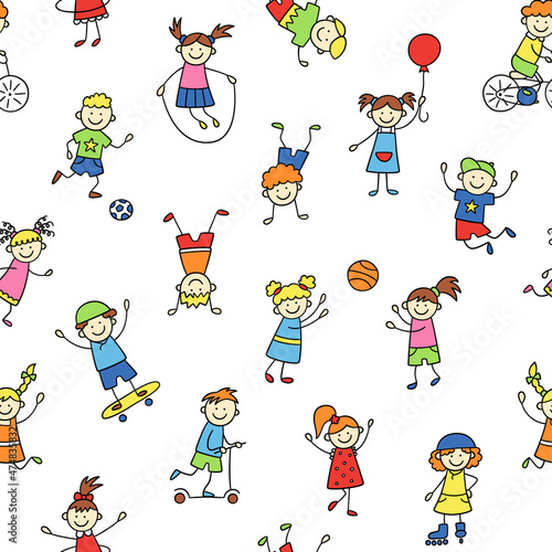 Seamless pattern with doodle children. Hand drawn funny little kids play, run and jump. Color cute children drawing. Vector illustration in doodle style on white background.