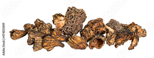 Macro shot of dried morel mushroom with stem isolated on white