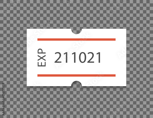Expired date self-adhesive paper tag with two red stripes. Best before. Price label. White sticker to indicate the expiration date. Vector illustration isolated on transparent background.
