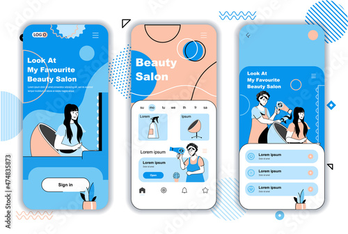 Beauty salon concept onboarding screens for mobile app templates. Hairdresser makes haircut, hair care procedures. UI, UX, GUI user interface kit with people scenes for web design. Vector illustration