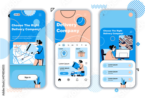 Delivery company concept onboarding screens for mobile app templates. Logistics, distribution and fast shipping. UI, UX, GUI user interface kit with people scenes for web design. Vector illustration