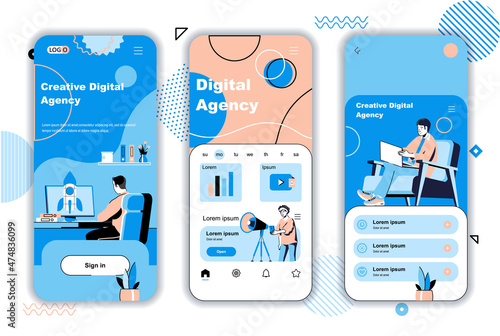 Digital agency concept onboarding screens for mobile app templates. Online promotion, marketing, data analysis. UI, UX, GUI user interface kit with people scenes for web design. Vector illustration