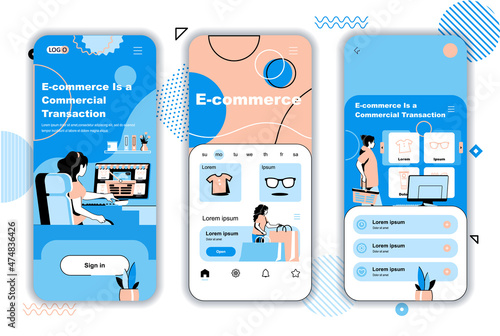 E-commerce concept onboarding screens for mobile app templates. Customers shopping and paying at website of store. UI, UX, GUI user interface kit with people scenes for web design. Vector illustration
