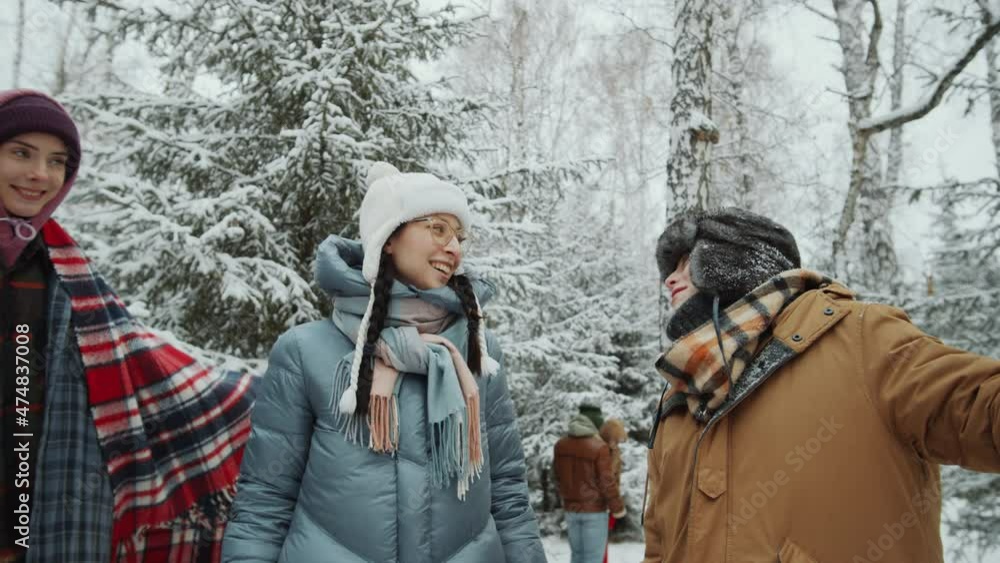Young cheerful girlfriends standing in snowy forest, smiling and chatting on winter walk with friends Young cheerful girlfriends standing in snowy forest, smiling and chatting on winter walk with friends