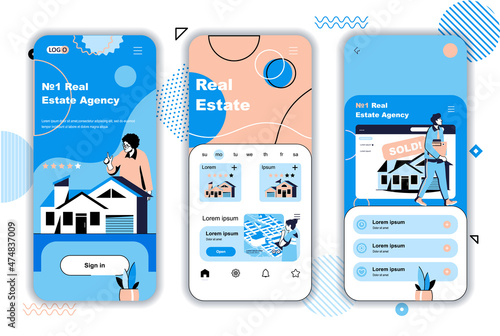 Real estate concept onboarding screens for mobile app templates. Buying and selling housing, building houses. UI, UX, GUI user interface kit with people scenes for web design. Vector illustration