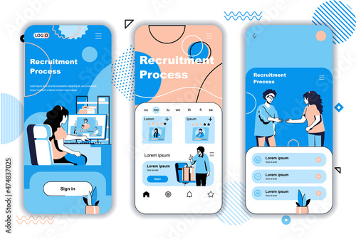 Recruitment process concept onboarding screens for mobile app templates. Human resources, resume and interview. UI, UX, GUI user interface kit with people scenes for web design. Vector illustration