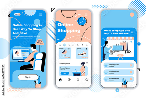 Online shopping concept onboarding screens for mobile app templates. Buyers choose products and pay for purchases. UI, UX, GUI user interface kit with people scenes for web design. Vector illustration