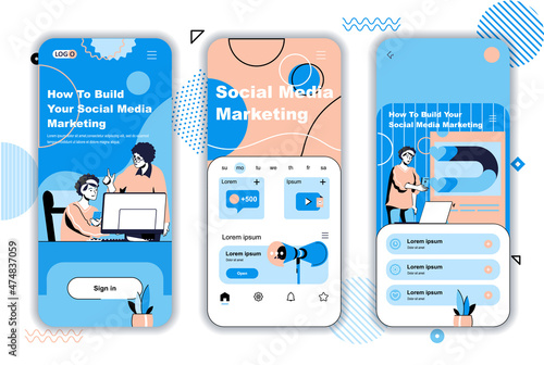 Social media marketing concept onboarding screens for mobile app templates. Success online strategy promotion. UI, UX, GUI user interface kit with people scenes for web design. Vector illustration