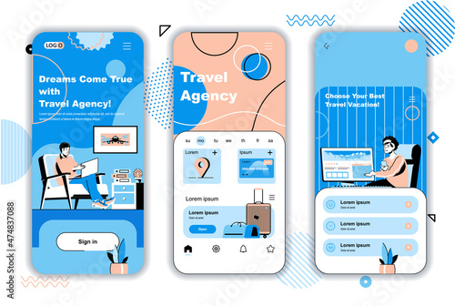 Travel agency concept onboarding screens for mobile app templates. Operator helps to choose tour, trip, vacation. UI, UX, GUI user interface kit with people scenes for web design. Vector illustration