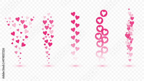 Flying hearts on transparent background. Love likes emotions for social media. Positive reaction and feedback. Vector set