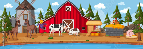 Farm horizontal landscape scene with farm animals